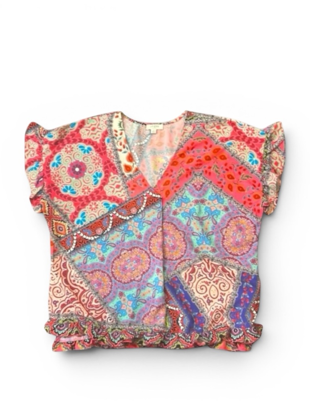 Umgee Boho Inspired Mixed Print V-Neck Ruffle Detail Top Size Medium